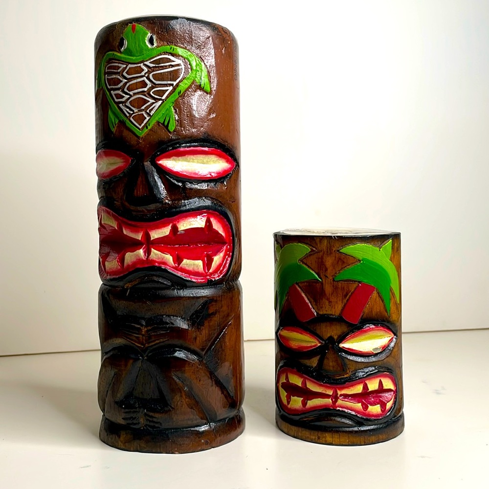 Koppes Kandles Tiki style carved votive holder set with turtles and palm trees